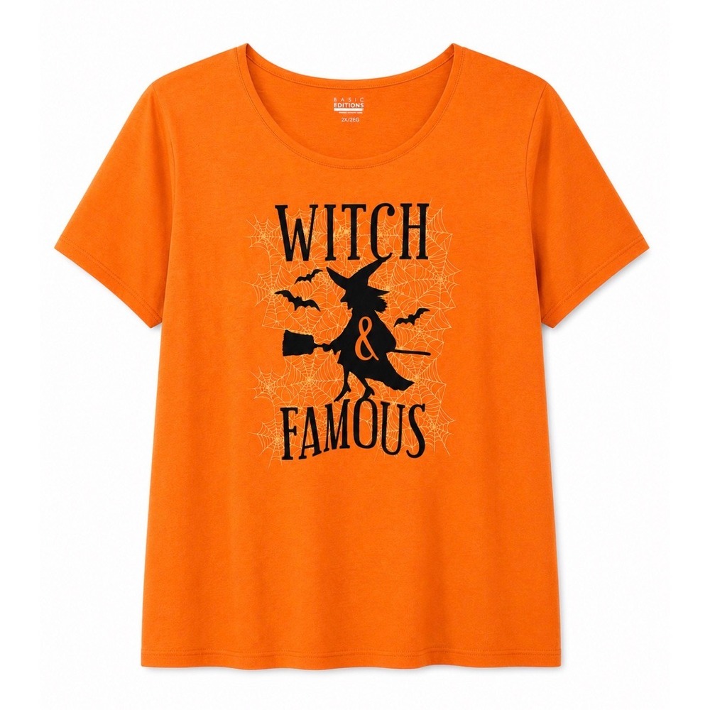 NWT Basic Editions Witch‎ & Famous Halloween Graphic Tee 2X Orange Plus Size